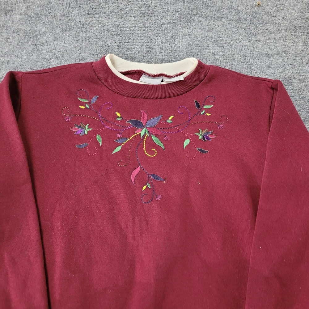 Blair Sweatshirt Womens Size Medium Burgundy Floral Embroidered Crew Neck Shirt